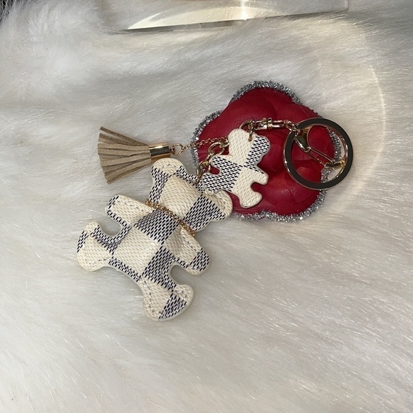 GENERIC BLUE & WHITE CHECKERED BEAR CHARM KEYCHAIN WITH TASSEL - Picture 3 of 4